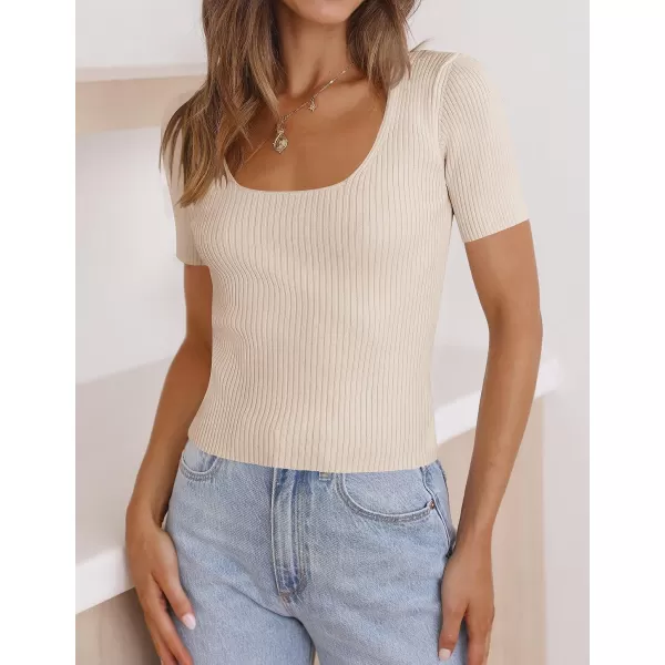 imageZESICA Womens 2023 Short Sleeve Square Neck T Shirts Slim Fitted Summer Ribbed Knit Basic Casual Tee TopsSand