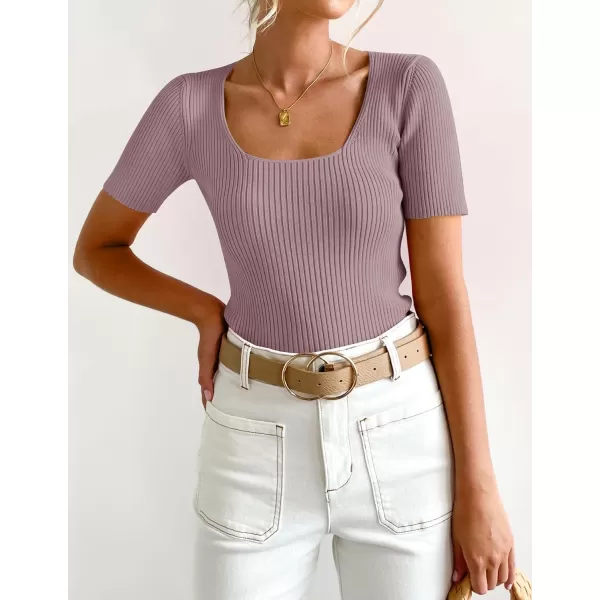 imageZESICA Womens 2023 Short Sleeve Square Neck T Shirts Slim Fitted Summer Ribbed Knit Basic Casual Tee TopsTaro