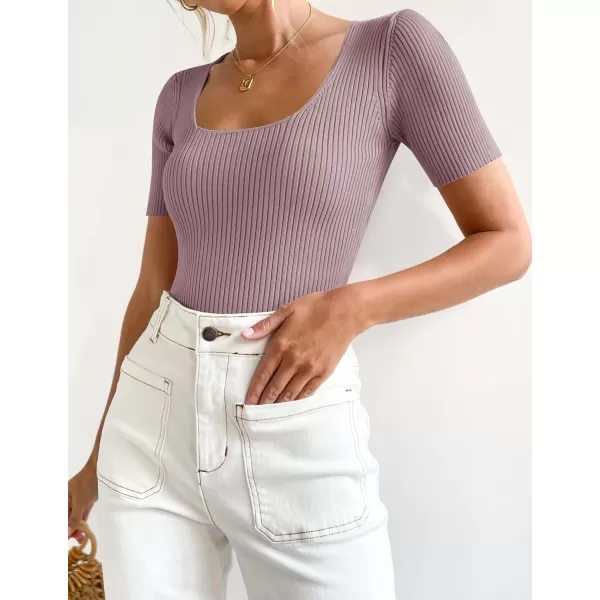 imageZESICA Womens 2023 Short Sleeve Square Neck T Shirts Slim Fitted Summer Ribbed Knit Basic Casual Tee TopsTaro