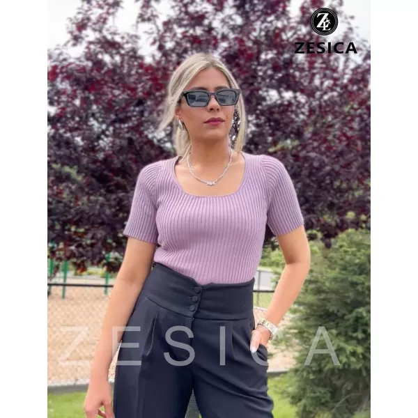 imageZESICA Womens 2023 Short Sleeve Square Neck T Shirts Slim Fitted Summer Ribbed Knit Basic Casual Tee TopsTaro