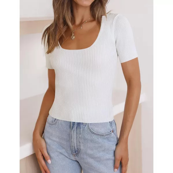imageZESICA Womens 2023 Short Sleeve Square Neck T Shirts Slim Fitted Summer Ribbed Knit Basic Casual Tee TopsWhite