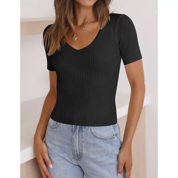 imageZESICA Womens 2023 Short Sleeve V Neck Slim Fit T Shirts Summer Casual Ribbed Knit Solid Color Basic Tee TopsBlack