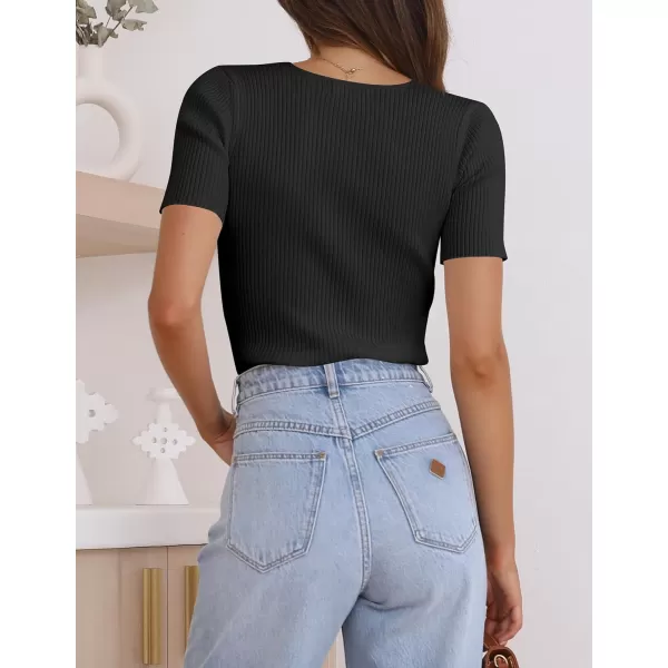 imageZESICA Womens 2023 Short Sleeve V Neck Slim Fit T Shirts Summer Casual Ribbed Knit Solid Color Basic Tee TopsBlack