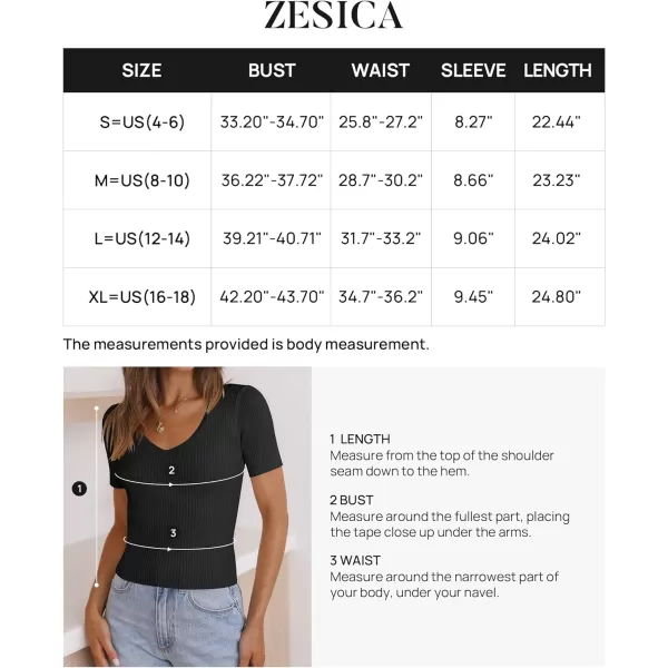 imageZESICA Womens 2023 Short Sleeve V Neck Slim Fit T Shirts Summer Casual Ribbed Knit Solid Color Basic Tee TopsBlack