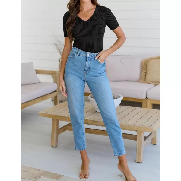 imageZESICA Womens 2023 Short Sleeve V Neck Slim Fit T Shirts Summer Casual Ribbed Knit Solid Color Basic Tee TopsBlack
