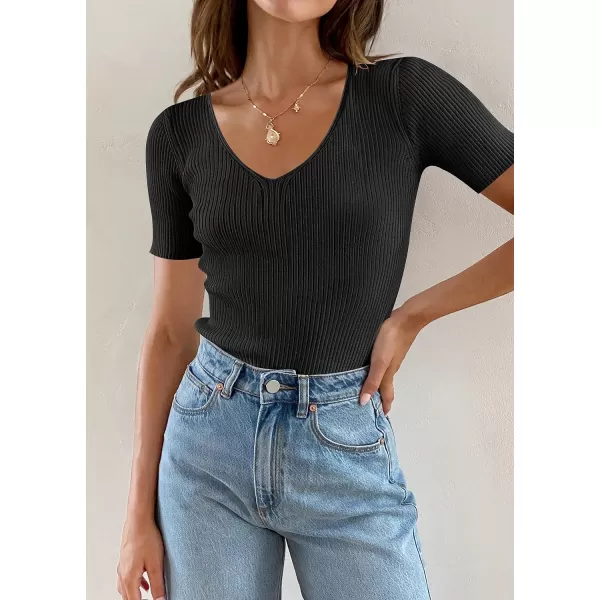 imageZESICA Womens 2023 Short Sleeve V Neck Slim Fit T Shirts Summer Casual Ribbed Knit Solid Color Basic Tee TopsBlack