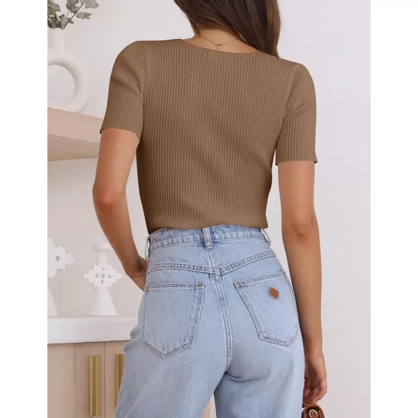imageZESICA Womens 2023 Short Sleeve V Neck Slim Fit T Shirts Summer Casual Ribbed Knit Solid Color Basic Tee TopsBrown