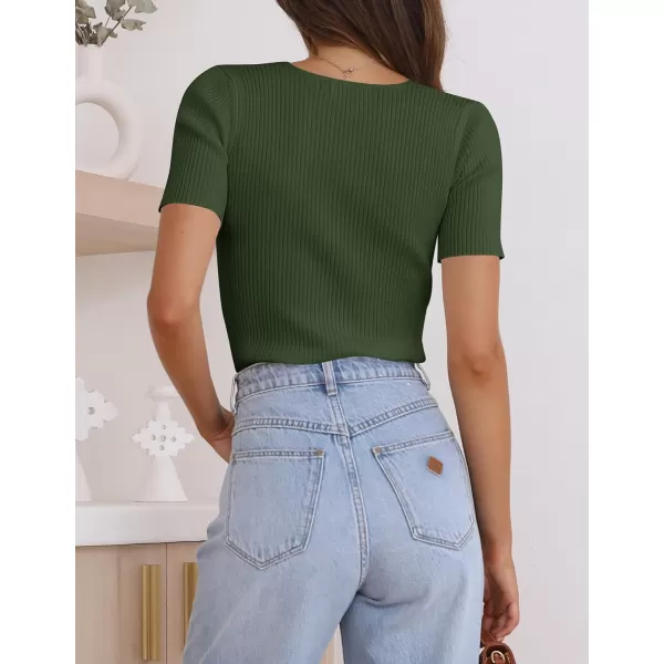 imageZESICA Womens 2023 Short Sleeve V Neck Slim Fit T Shirts Summer Casual Ribbed Knit Solid Color Basic Tee TopsDarkgreen