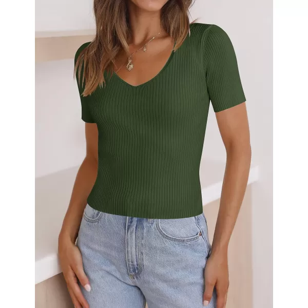 imageZESICA Womens 2023 Short Sleeve V Neck Slim Fit T Shirts Summer Casual Ribbed Knit Solid Color Basic Tee TopsDarkgreen