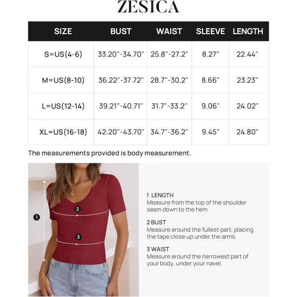 imageZESICA Womens 2023 Short Sleeve V Neck Slim Fit T Shirts Summer Casual Ribbed Knit Solid Color Basic Tee TopsDarkred