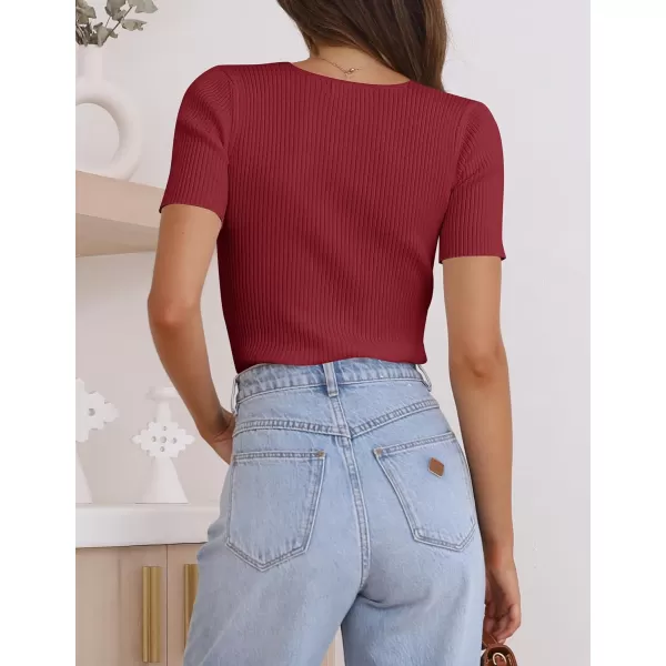 imageZESICA Womens 2023 Short Sleeve V Neck Slim Fit T Shirts Summer Casual Ribbed Knit Solid Color Basic Tee TopsDarkred