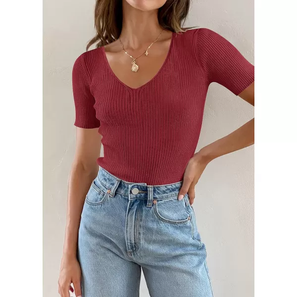 imageZESICA Womens 2023 Short Sleeve V Neck Slim Fit T Shirts Summer Casual Ribbed Knit Solid Color Basic Tee TopsDarkred