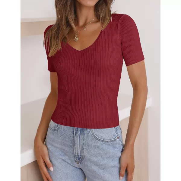 imageZESICA Womens 2023 Short Sleeve V Neck Slim Fit T Shirts Summer Casual Ribbed Knit Solid Color Basic Tee TopsDarkred