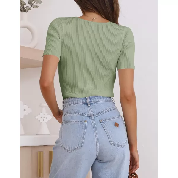 imageZESICA Womens 2023 Short Sleeve V Neck Slim Fit T Shirts Summer Casual Ribbed Knit Solid Color Basic Tee TopsGreen