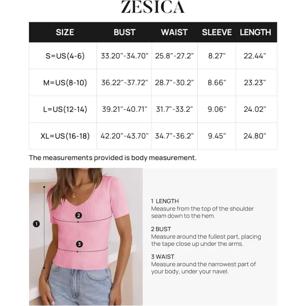 imageZESICA Womens 2023 Short Sleeve V Neck Slim Fit T Shirts Summer Casual Ribbed Knit Solid Color Basic Tee TopsHotpink