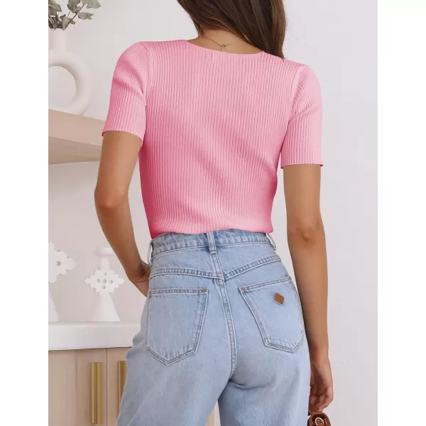 imageZESICA Womens 2023 Short Sleeve V Neck Slim Fit T Shirts Summer Casual Ribbed Knit Solid Color Basic Tee TopsHotpink