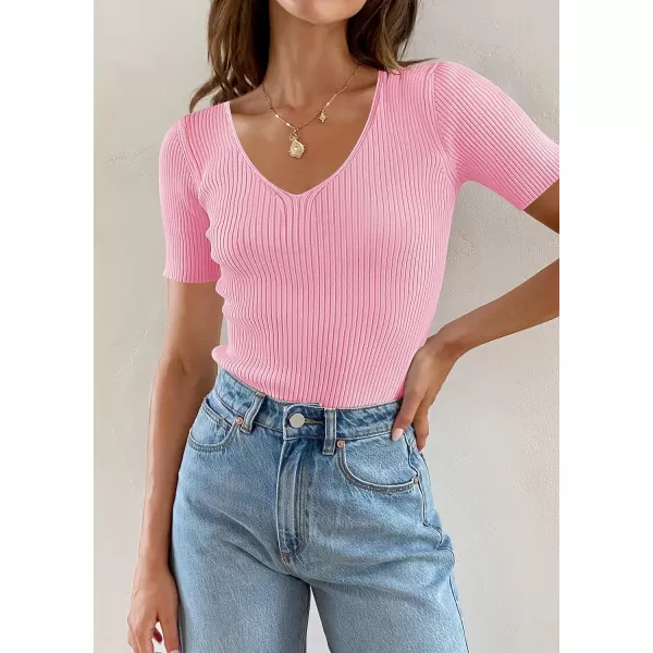 imageZESICA Womens 2023 Short Sleeve V Neck Slim Fit T Shirts Summer Casual Ribbed Knit Solid Color Basic Tee TopsHotpink