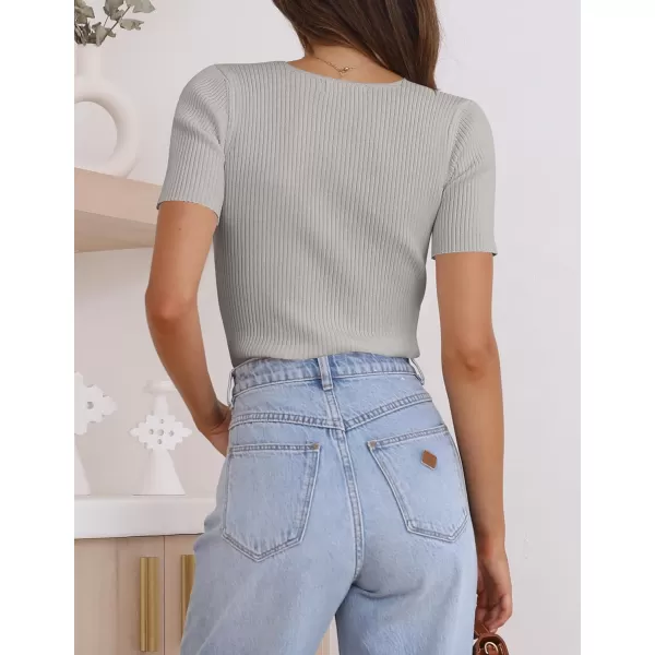 imageZESICA Womens 2023 Short Sleeve V Neck Slim Fit T Shirts Summer Casual Ribbed Knit Solid Color Basic Tee TopsLightgrey