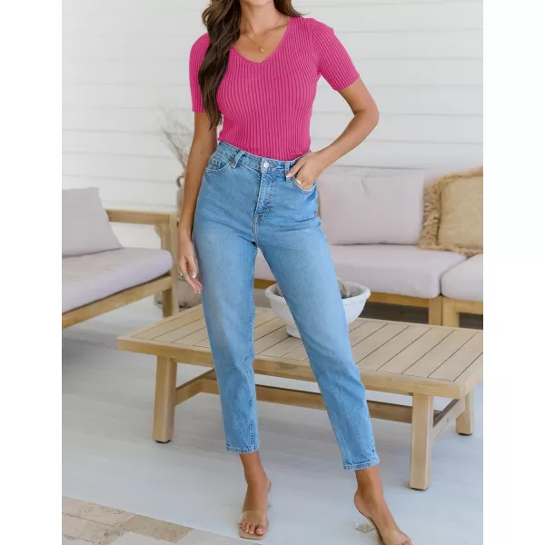 imageZESICA Womens 2023 Short Sleeve V Neck Slim Fit T Shirts Summer Casual Ribbed Knit Solid Color Basic Tee TopsRose