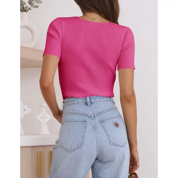 imageZESICA Womens 2023 Short Sleeve V Neck Slim Fit T Shirts Summer Casual Ribbed Knit Solid Color Basic Tee TopsRose