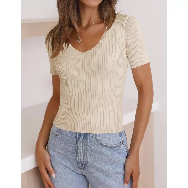 imageZESICA Womens 2023 Short Sleeve V Neck Slim Fit T Shirts Summer Casual Ribbed Knit Solid Color Basic Tee TopsSand