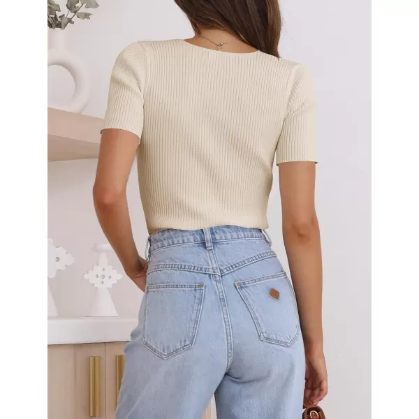 imageZESICA Womens 2023 Short Sleeve V Neck Slim Fit T Shirts Summer Casual Ribbed Knit Solid Color Basic Tee TopsSand