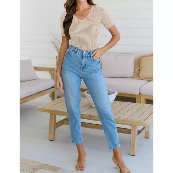 imageZESICA Womens 2023 Short Sleeve V Neck Slim Fit T Shirts Summer Casual Ribbed Knit Solid Color Basic Tee TopsSand