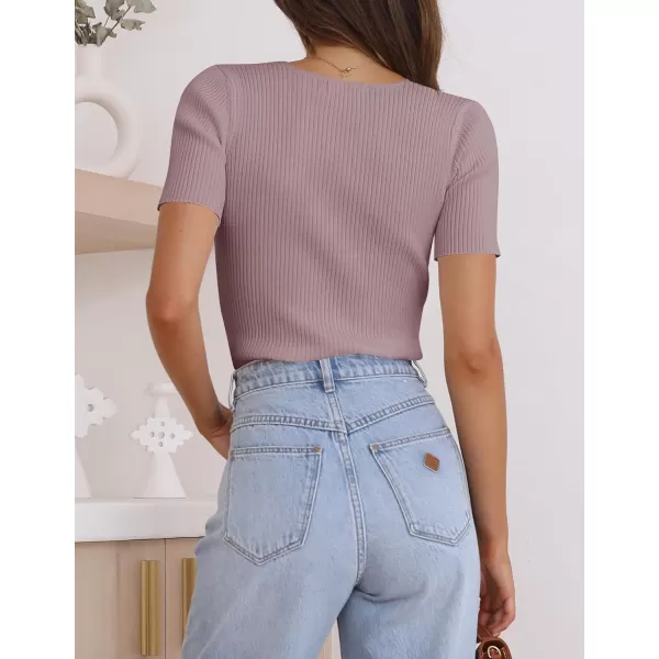 imageZESICA Womens 2023 Short Sleeve V Neck Slim Fit T Shirts Summer Casual Ribbed Knit Solid Color Basic Tee TopsTaro