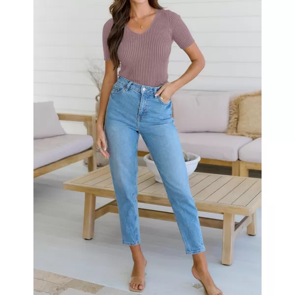 imageZESICA Womens 2023 Short Sleeve V Neck Slim Fit T Shirts Summer Casual Ribbed Knit Solid Color Basic Tee TopsTaro