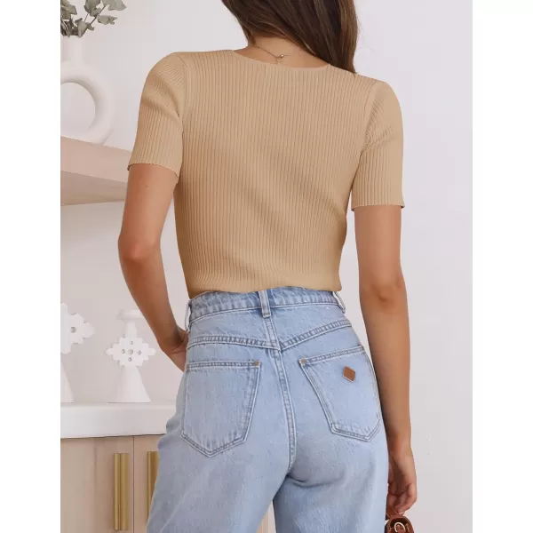 imageZESICA Womens 2023 Short Sleeve V Neck Slim Fit T Shirts Summer Casual Ribbed Knit Solid Color Basic Tee TopsToffee