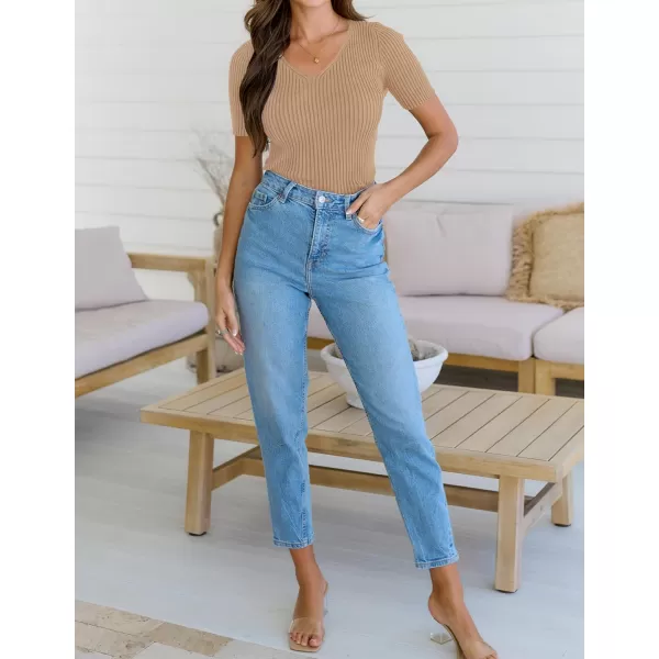 imageZESICA Womens 2023 Short Sleeve V Neck Slim Fit T Shirts Summer Casual Ribbed Knit Solid Color Basic Tee TopsToffee