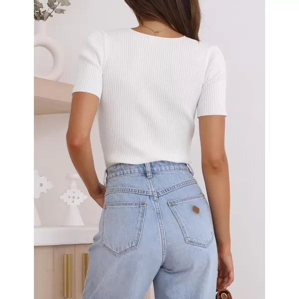 imageZESICA Womens 2023 Short Sleeve V Neck Slim Fit T Shirts Summer Casual Ribbed Knit Solid Color Basic Tee TopsWhite