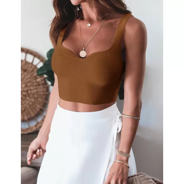 imageZESICA Womens 2023 Sleeveless V Neck Tank Ribbed Knit Shirts Backless Slim Fit Basic Cute Crop TopsBrown