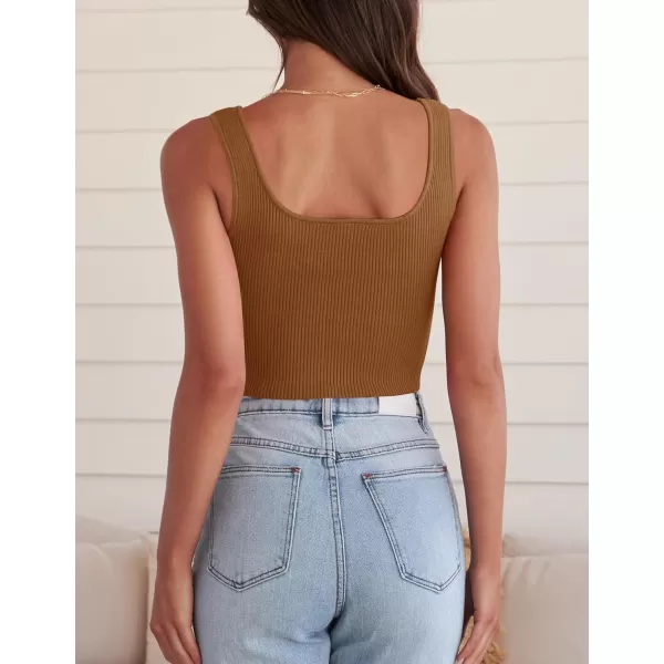 imageZESICA Womens 2023 Sleeveless V Neck Tank Ribbed Knit Shirts Backless Slim Fit Basic Cute Crop TopsBrown