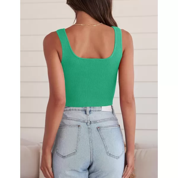 imageZESICA Womens 2023 Sleeveless V Neck Tank Ribbed Knit Shirts Backless Slim Fit Basic Cute Crop TopsGreen