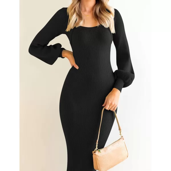 imageZESICA Womens 2023 Square Neck Sweater Dress Puff Long Sleeve Slim Fit Bodycon Fall Winter Ribbed Knit DresssBlack