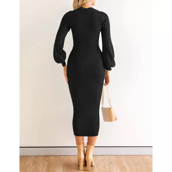 imageZESICA Womens 2023 Square Neck Sweater Dress Puff Long Sleeve Slim Fit Bodycon Fall Winter Ribbed Knit DresssBlack