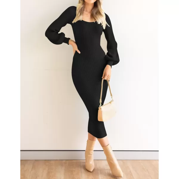imageZESICA Womens 2023 Square Neck Sweater Dress Puff Long Sleeve Slim Fit Bodycon Fall Winter Ribbed Knit DresssBlack