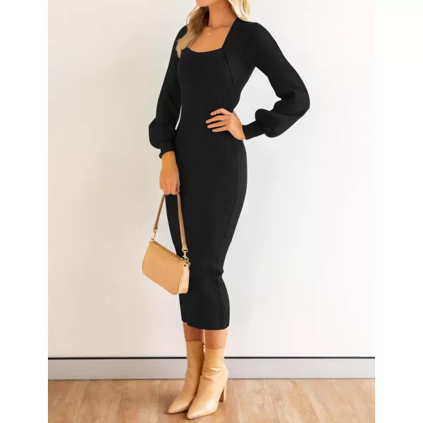 imageZESICA Womens 2023 Square Neck Sweater Dress Puff Long Sleeve Slim Fit Bodycon Fall Winter Ribbed Knit DresssBlack