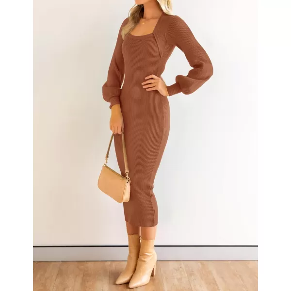 imageZESICA Womens 2023 Square Neck Sweater Dress Puff Long Sleeve Slim Fit Bodycon Fall Winter Ribbed Knit DresssCoffee