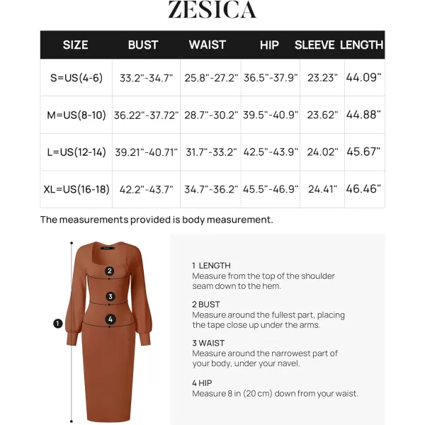 imageZESICA Womens 2023 Square Neck Sweater Dress Puff Long Sleeve Slim Fit Bodycon Fall Winter Ribbed Knit DresssCoffee