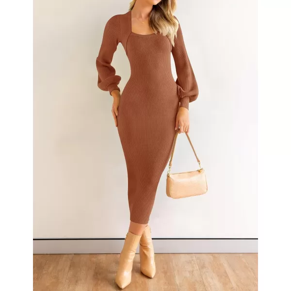 imageZESICA Womens 2023 Square Neck Sweater Dress Puff Long Sleeve Slim Fit Bodycon Fall Winter Ribbed Knit DresssCoffee
