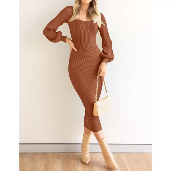 imageZESICA Womens 2023 Square Neck Sweater Dress Puff Long Sleeve Slim Fit Bodycon Fall Winter Ribbed Knit DresssCoffee