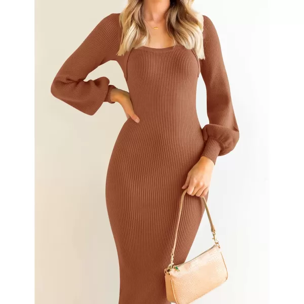 imageZESICA Womens 2023 Square Neck Sweater Dress Puff Long Sleeve Slim Fit Bodycon Fall Winter Ribbed Knit DresssCoffee