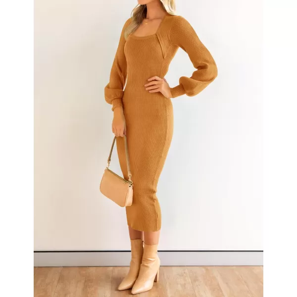 imageZESICA Womens 2023 Square Neck Sweater Dress Puff Long Sleeve Slim Fit Bodycon Fall Winter Ribbed Knit DresssGoldentea
