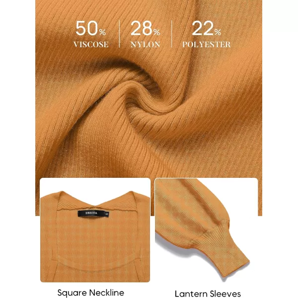 imageZESICA Womens 2023 Square Neck Sweater Dress Puff Long Sleeve Slim Fit Bodycon Fall Winter Ribbed Knit DresssGoldentea