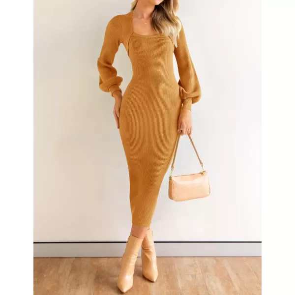 imageZESICA Womens 2023 Square Neck Sweater Dress Puff Long Sleeve Slim Fit Bodycon Fall Winter Ribbed Knit DresssGoldentea