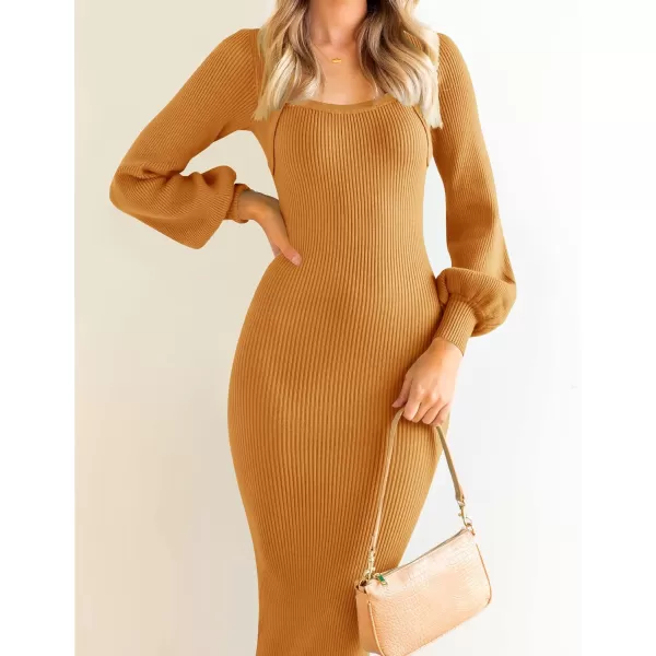 imageZESICA Womens 2023 Square Neck Sweater Dress Puff Long Sleeve Slim Fit Bodycon Fall Winter Ribbed Knit DresssGoldentea