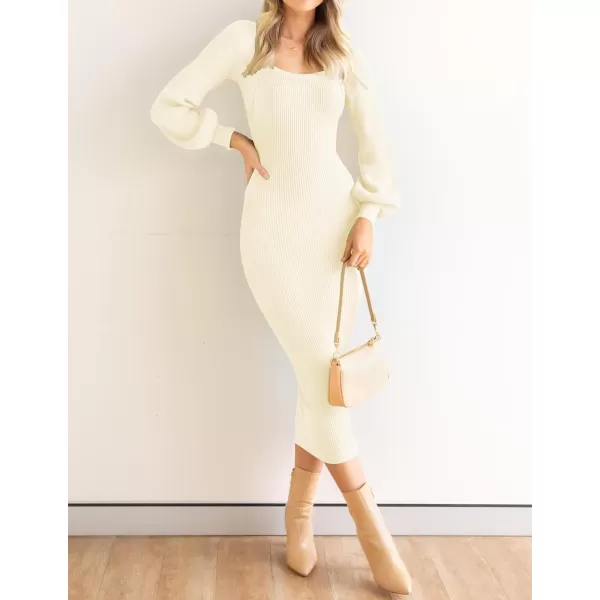 imageZESICA Womens 2023 Square Neck Sweater Dress Puff Long Sleeve Slim Fit Bodycon Fall Winter Ribbed Knit DresssIvory