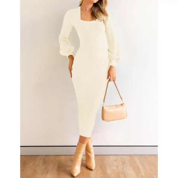 imageZESICA Womens 2023 Square Neck Sweater Dress Puff Long Sleeve Slim Fit Bodycon Fall Winter Ribbed Knit DresssIvory